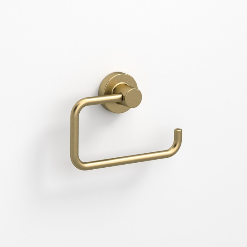 Close up product image of the Origins Living Tecno Project Brushed Brass Open Toilet Roll Holder